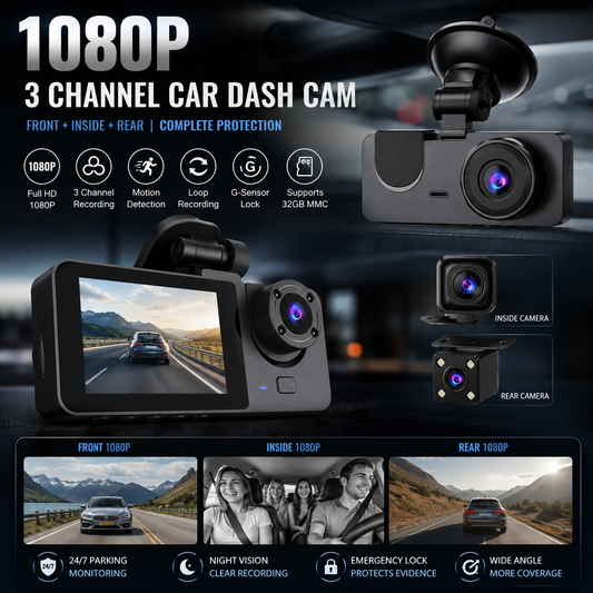1080p - 3 Channel Car Dash Cam